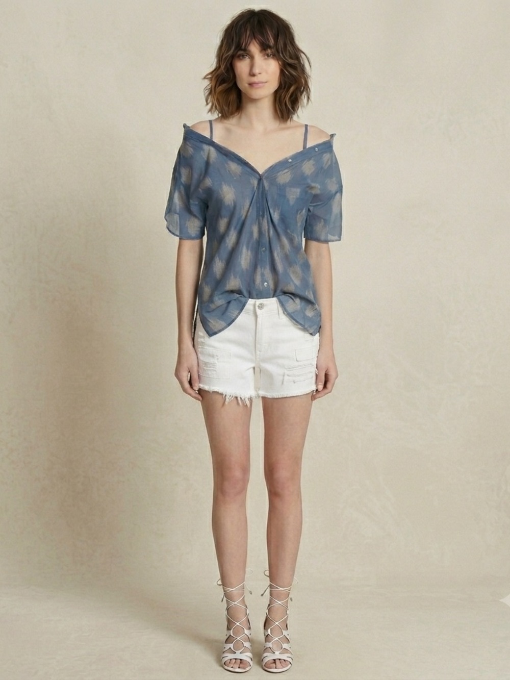 Theory Tamalee Blue Ikat Cotton Silk Slouchy Off Shoulder Button Top Sz-S